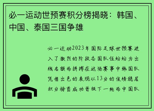 必一运动世预赛积分榜揭晓：韩国、中国、泰国三国争雄