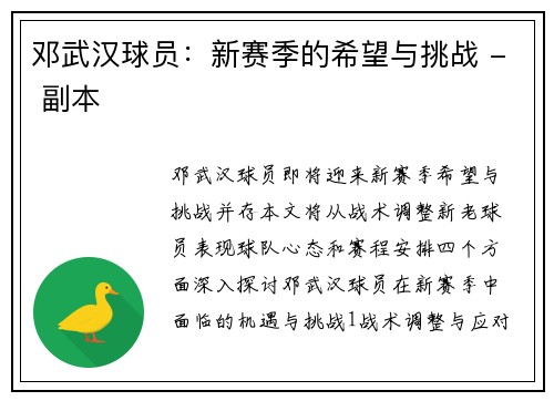 邓武汉球员：新赛季的希望与挑战 - 副本